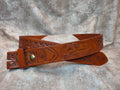 Hand tooled, hunter jumper themed custom belt, hand drawn timber horse image with oak leaf tooling, custom brand. Size 34"