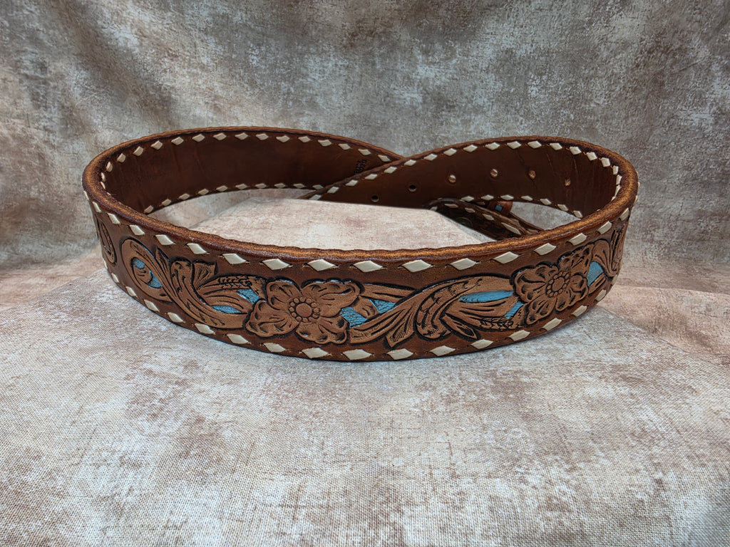 The Epic!  Custom, hand tooled, Herman Oak leather, golden brown, background paint, buck stitched, western belt. Size 28".
