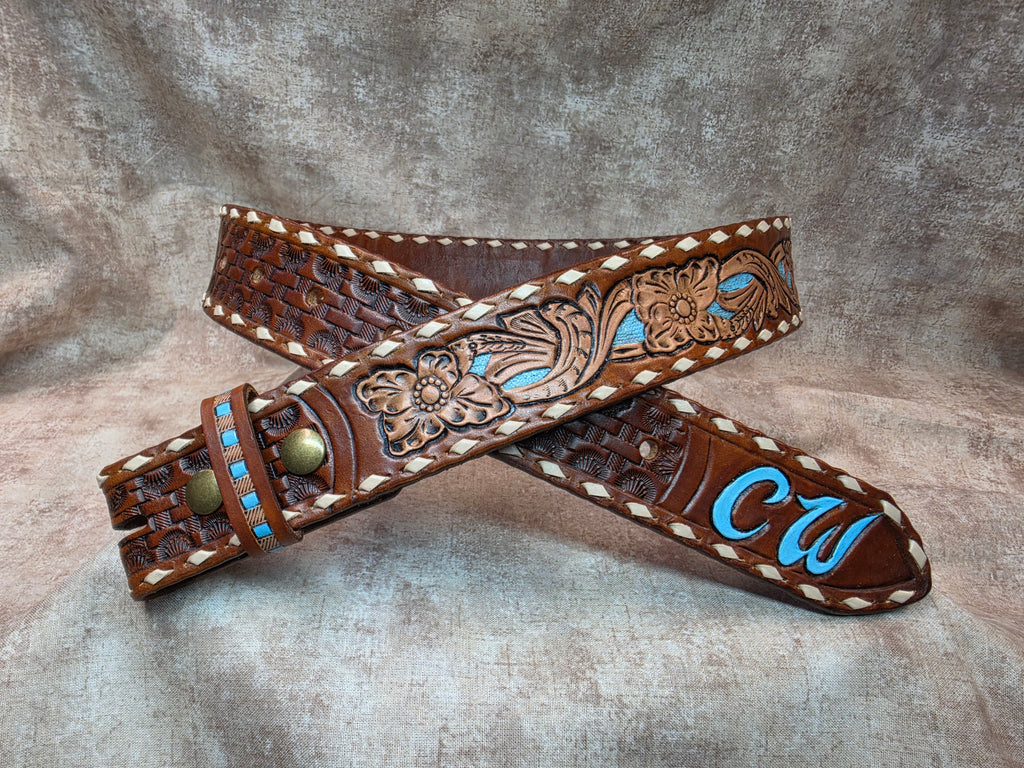 The Epic!  Custom, hand tooled, Herman Oak leather, golden brown, background paint, buck stitched, western belt. Size 28".