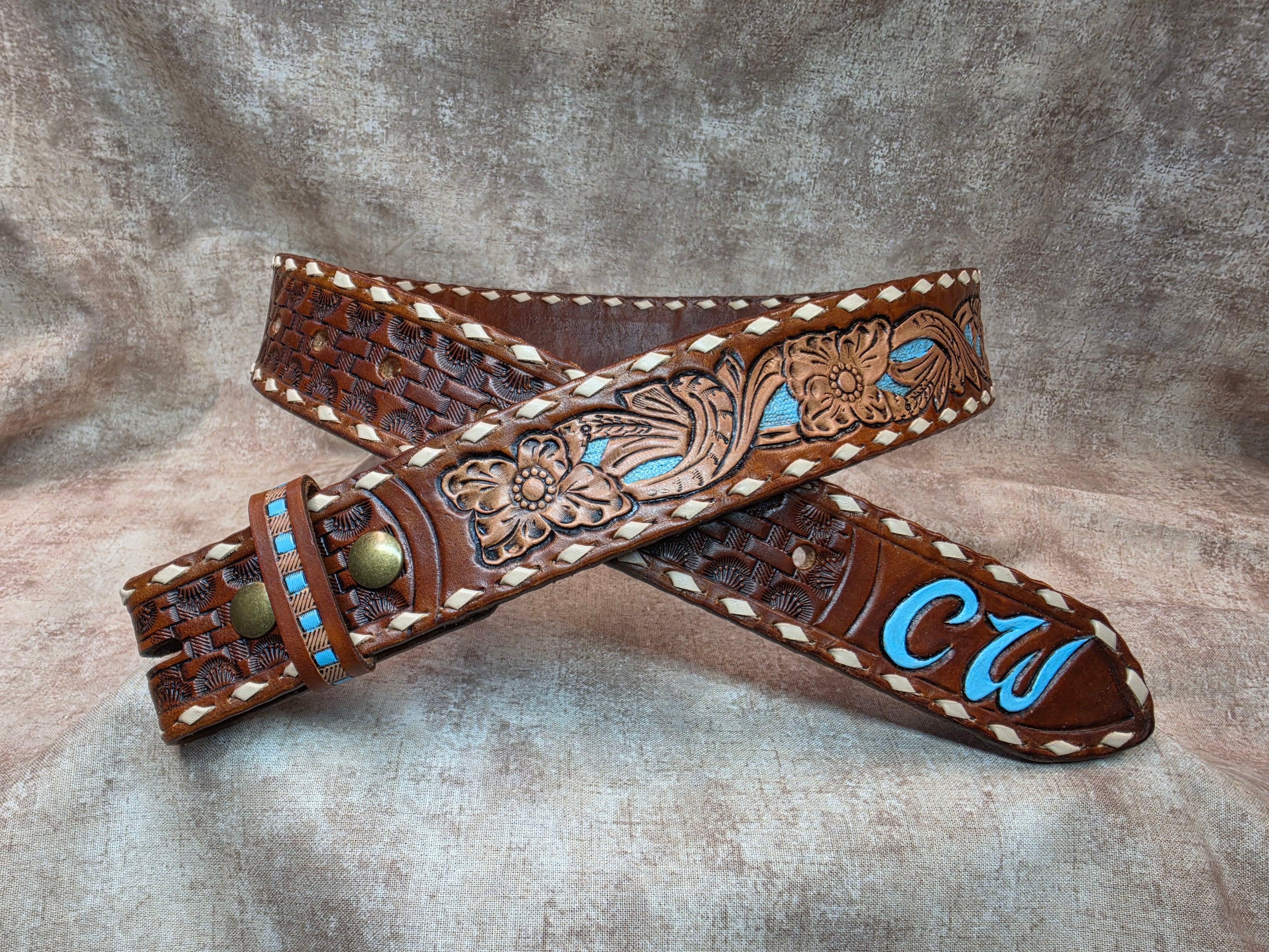 The Epic!  Custom, hand tooled, Herman Oak leather, golden brown, background paint, buck stitched, western belt. Size 28".