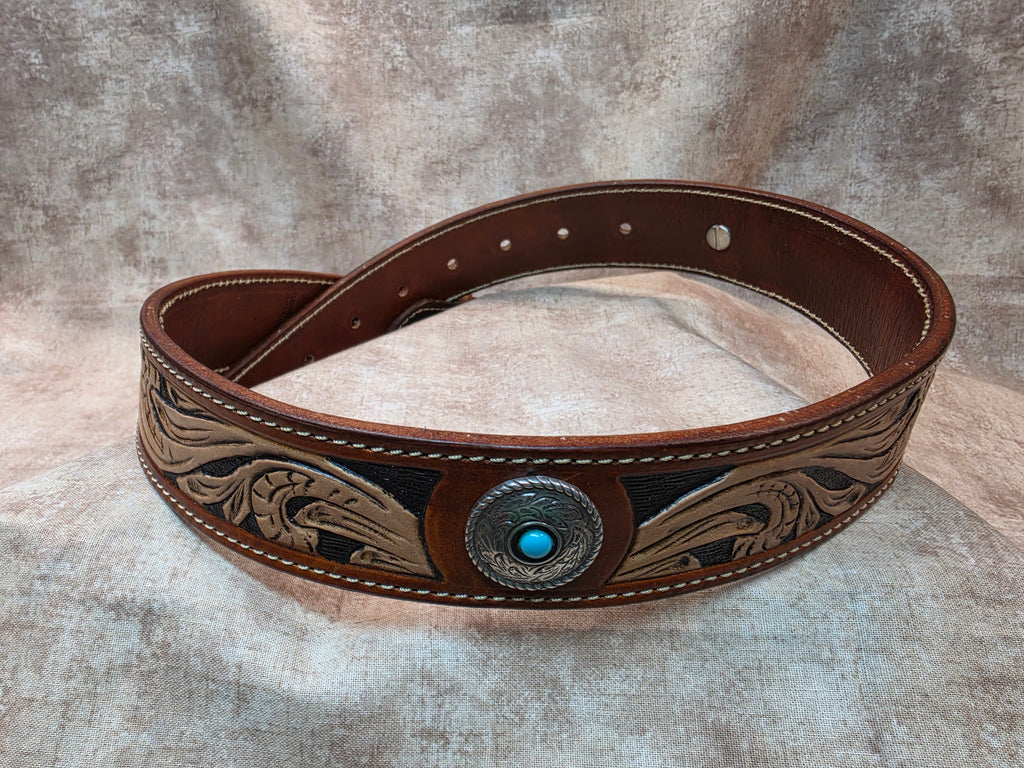 Western Hand Tooled, Concho, Leather Belt, Size 28"