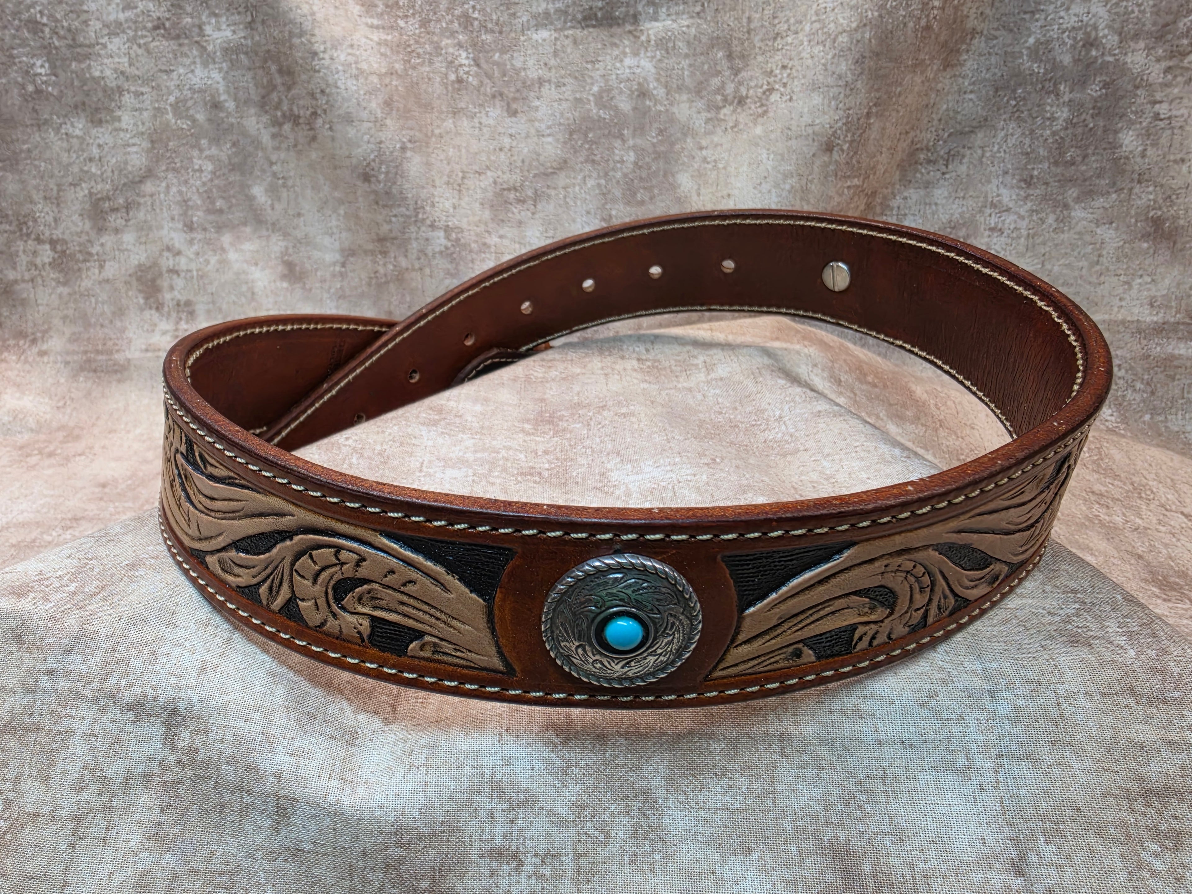 Western Hand Tooled, Concho, Leather Belt, Size 28"