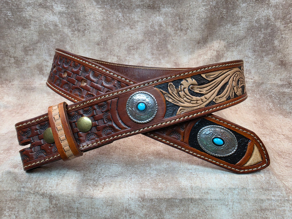 Western Hand Tooled, Concho, Leather Belt, Size 28"