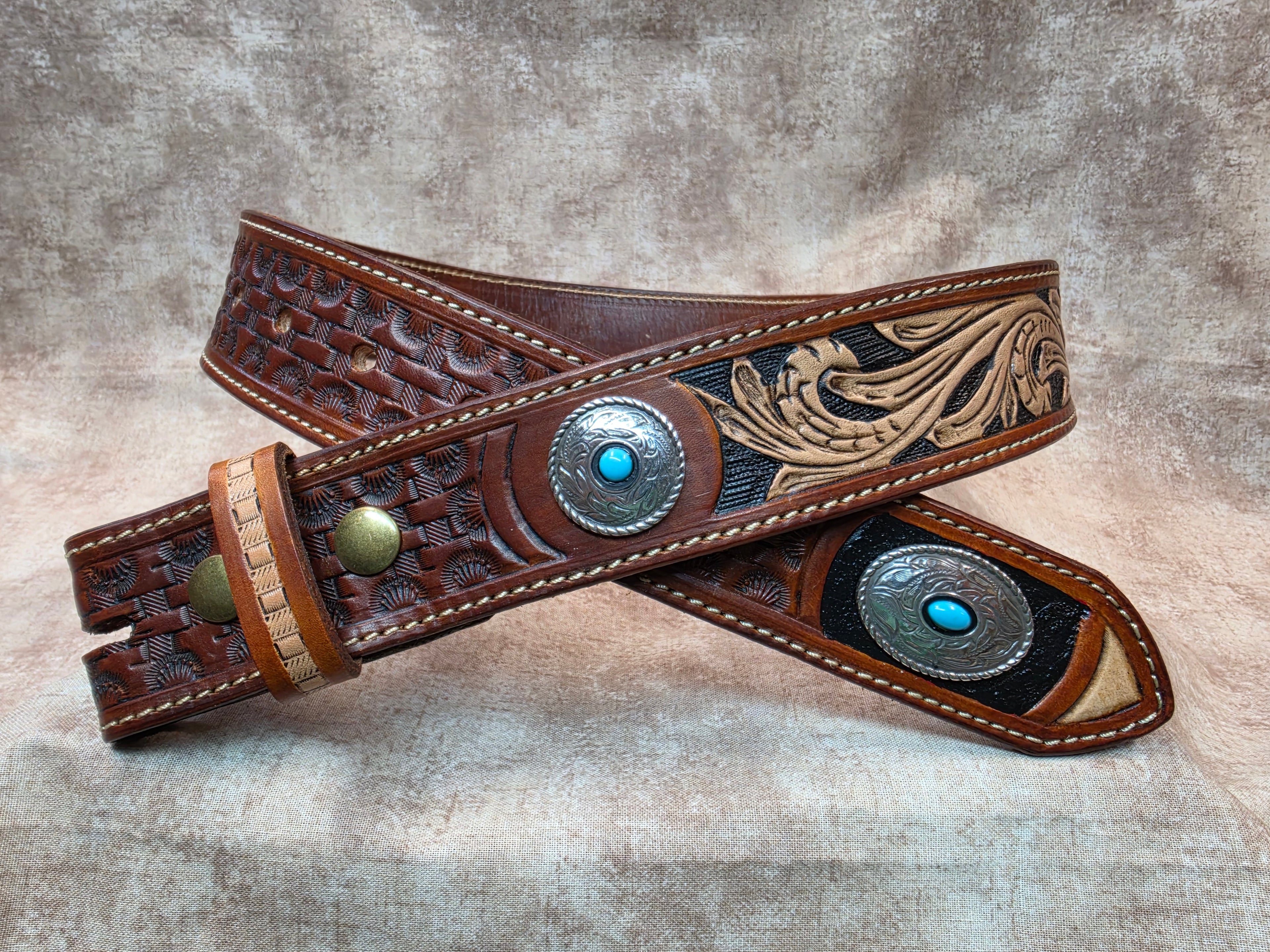 Western Hand Tooled, Concho, Leather Belt, Size 28"