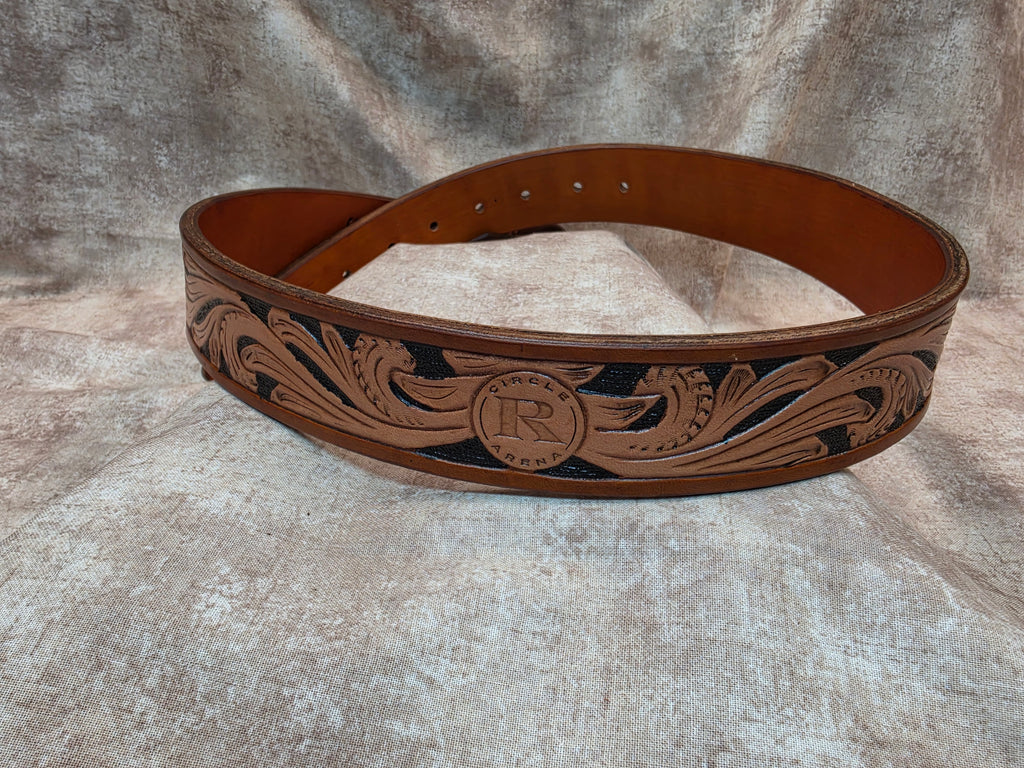Hand tooled, western styled custom belt, hand drawn barrel horse image, custom Circle R Arena brand. Size 32"