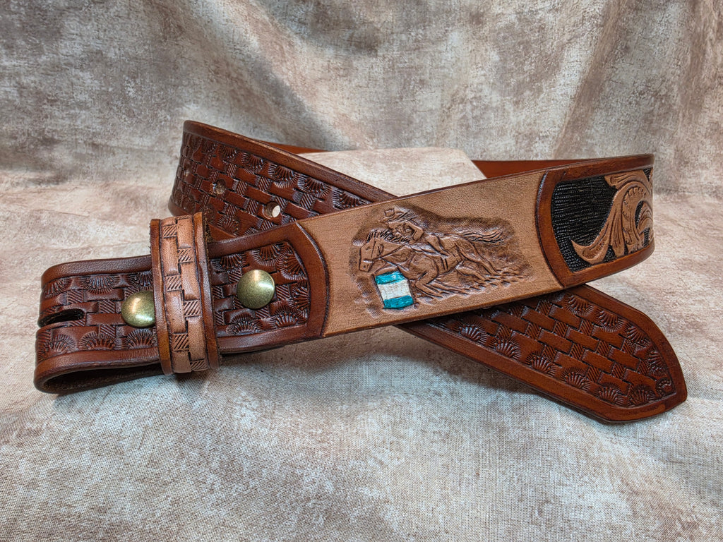 Hand tooled, western styled custom belt, hand drawn barrel horse image, custom Circle R Arena brand. Size 32"