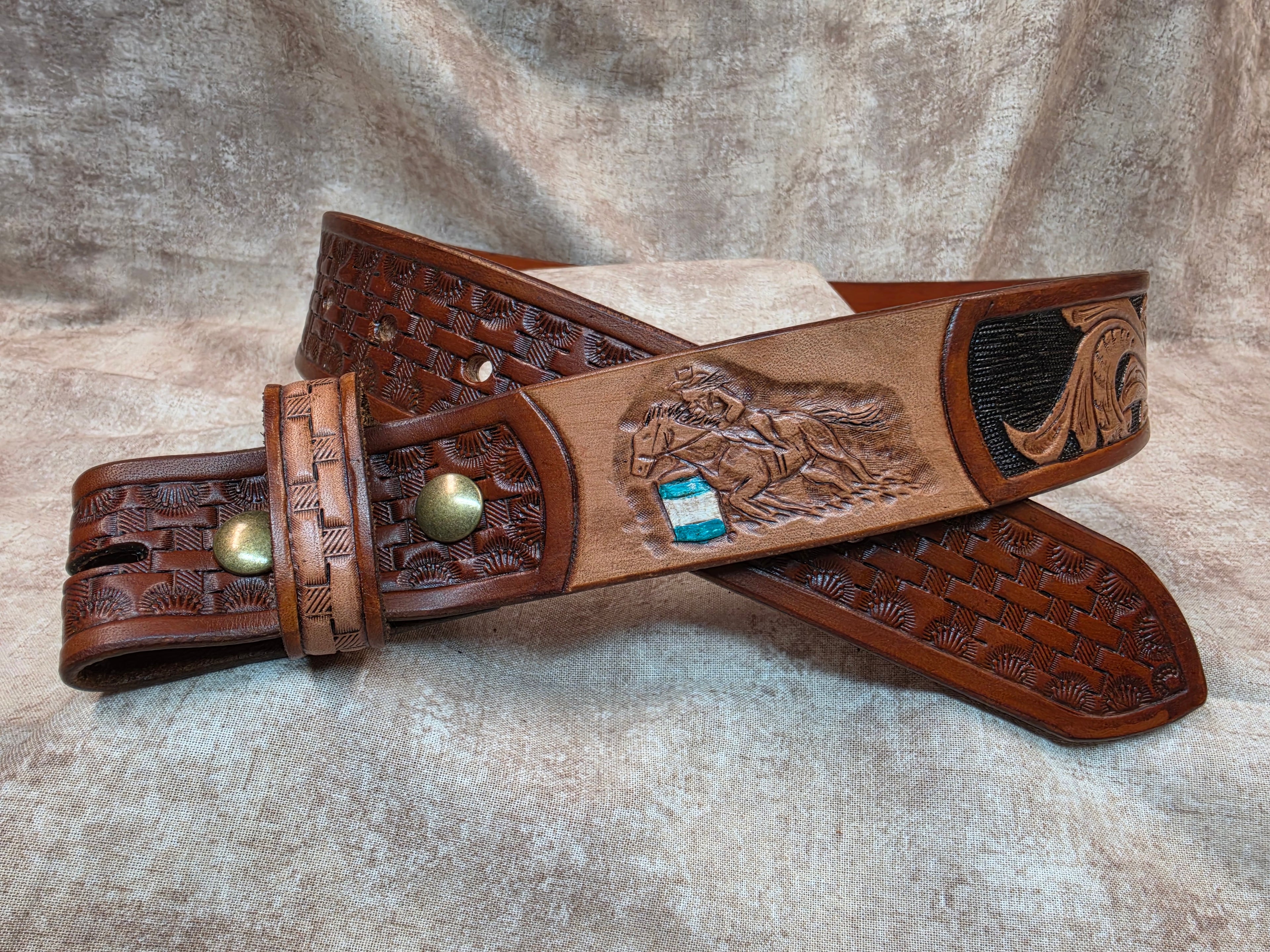 Hand tooled, western styled custom belt, hand drawn barrel horse image, custom Circle R Arena brand. Size 32"