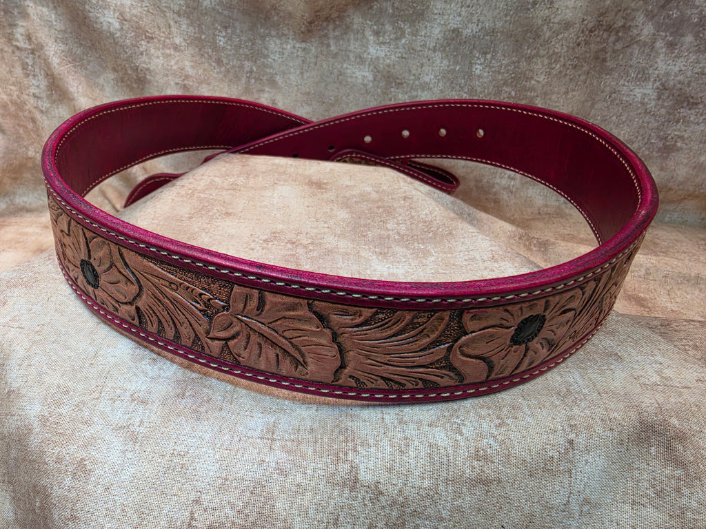 Hand tooled, ox blood (red), western belt. Size 34".