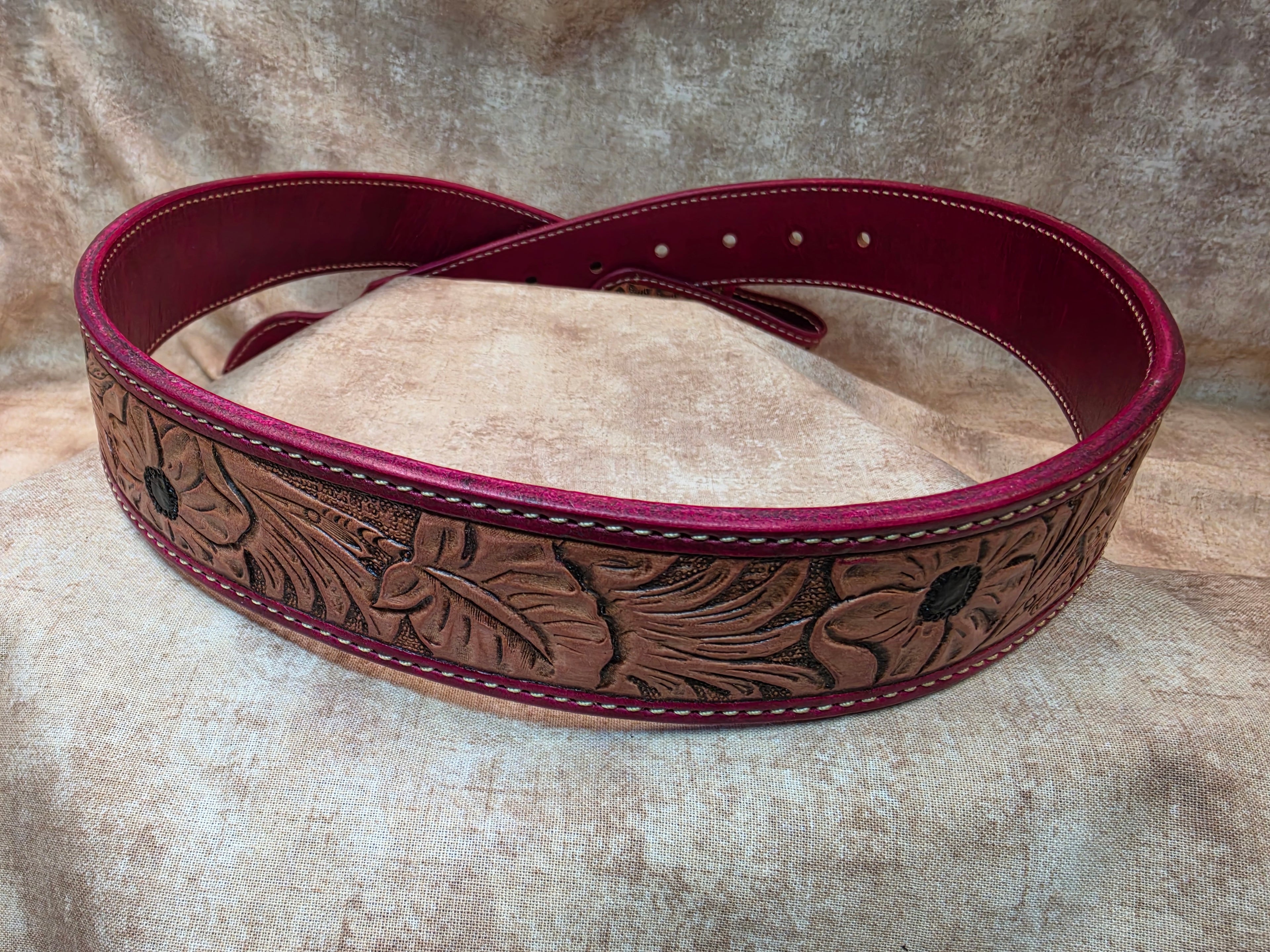 Hand tooled, ox blood (red), western belt. Size 34".