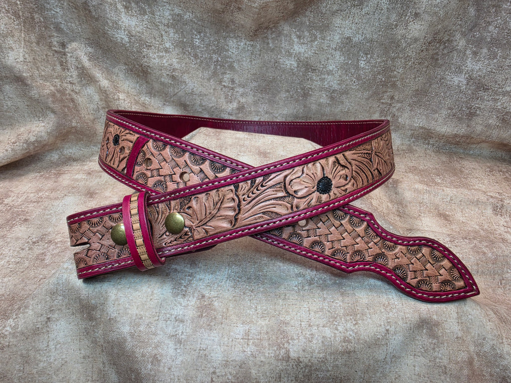 Hand tooled, ox blood (red), western belt. Size 34".