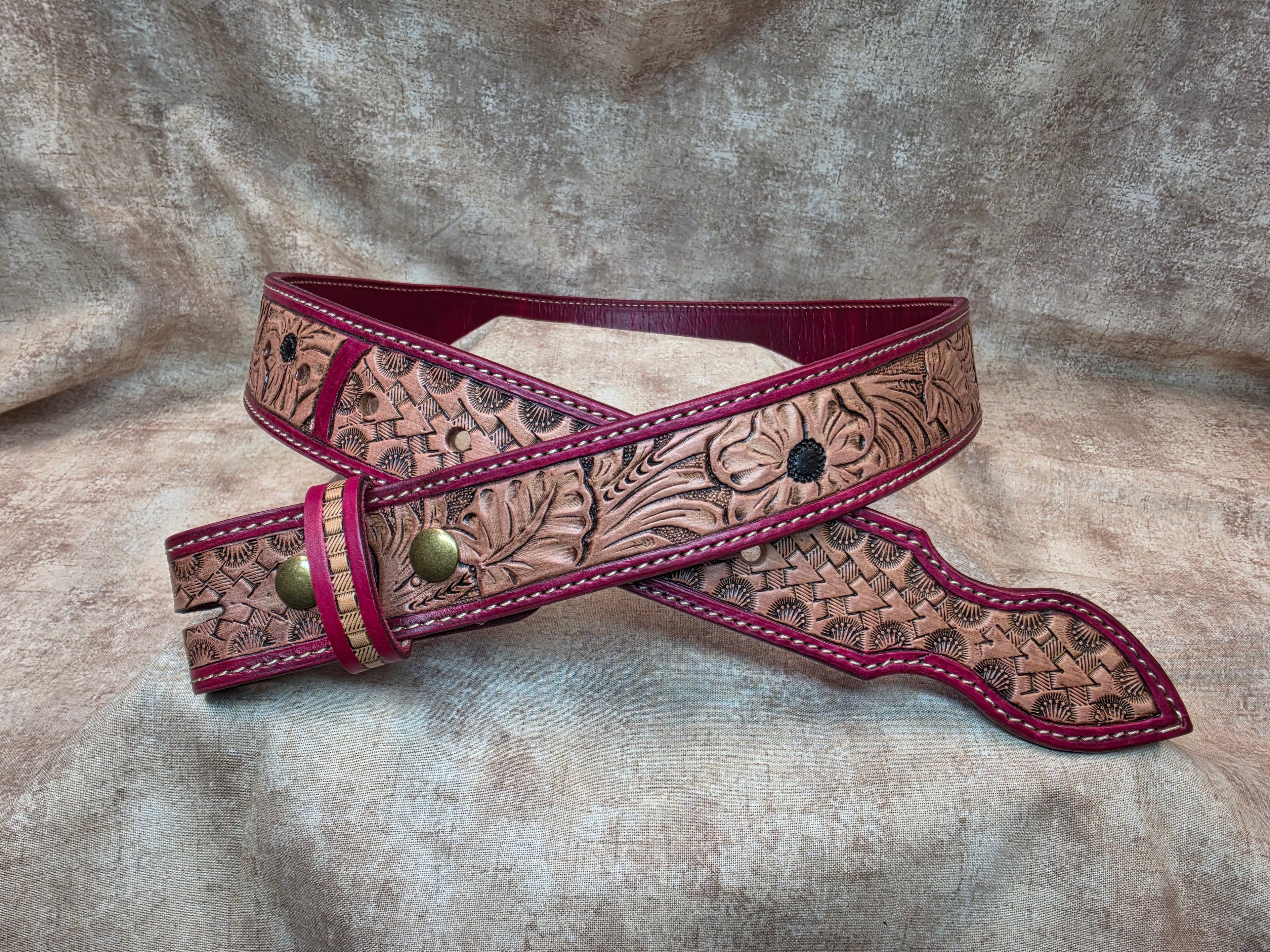 Hand tooled, ox blood (red), western belt. Size 34".