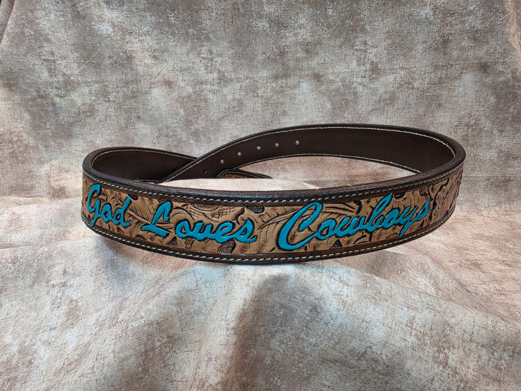 God Loves Cowboys belt.  Custom, hand tooled, Herman Oak leather, dark brown edges, natural color, western belt. Size 38".
