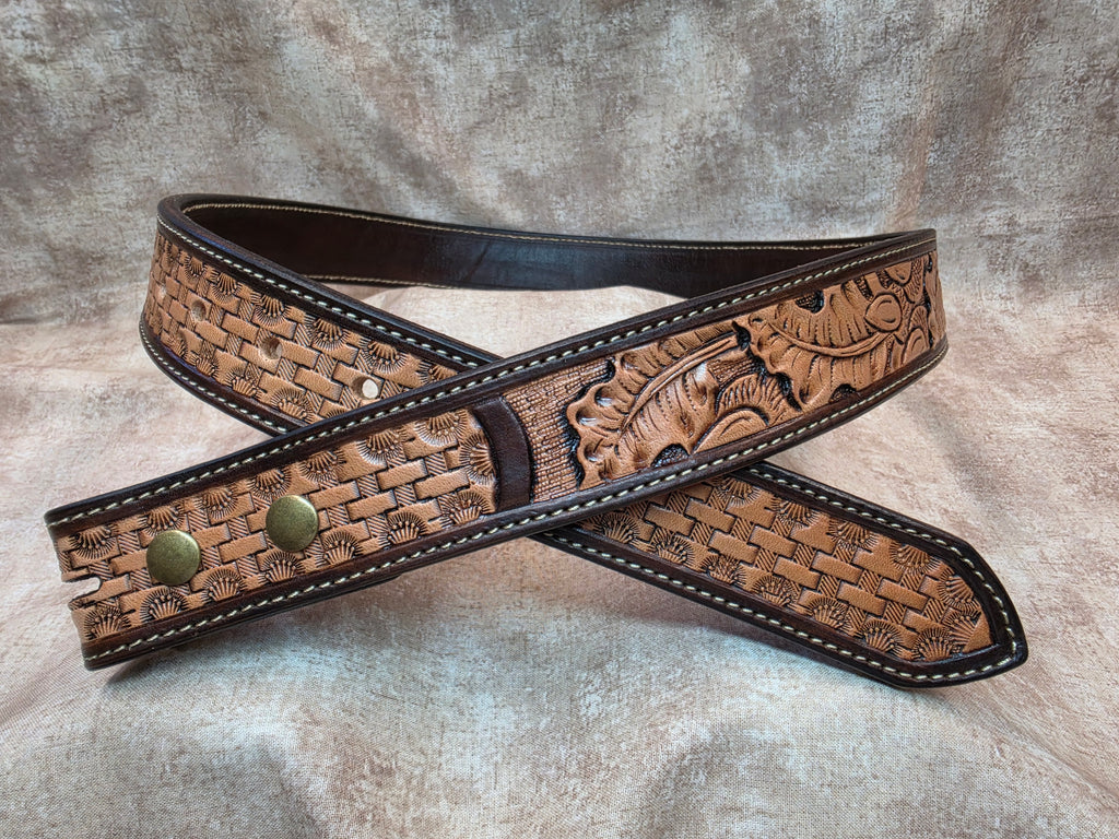 God Loves Cowboys belt.  Custom, hand tooled, Herman Oak leather, dark brown edges, natural color, western belt. Size 38".