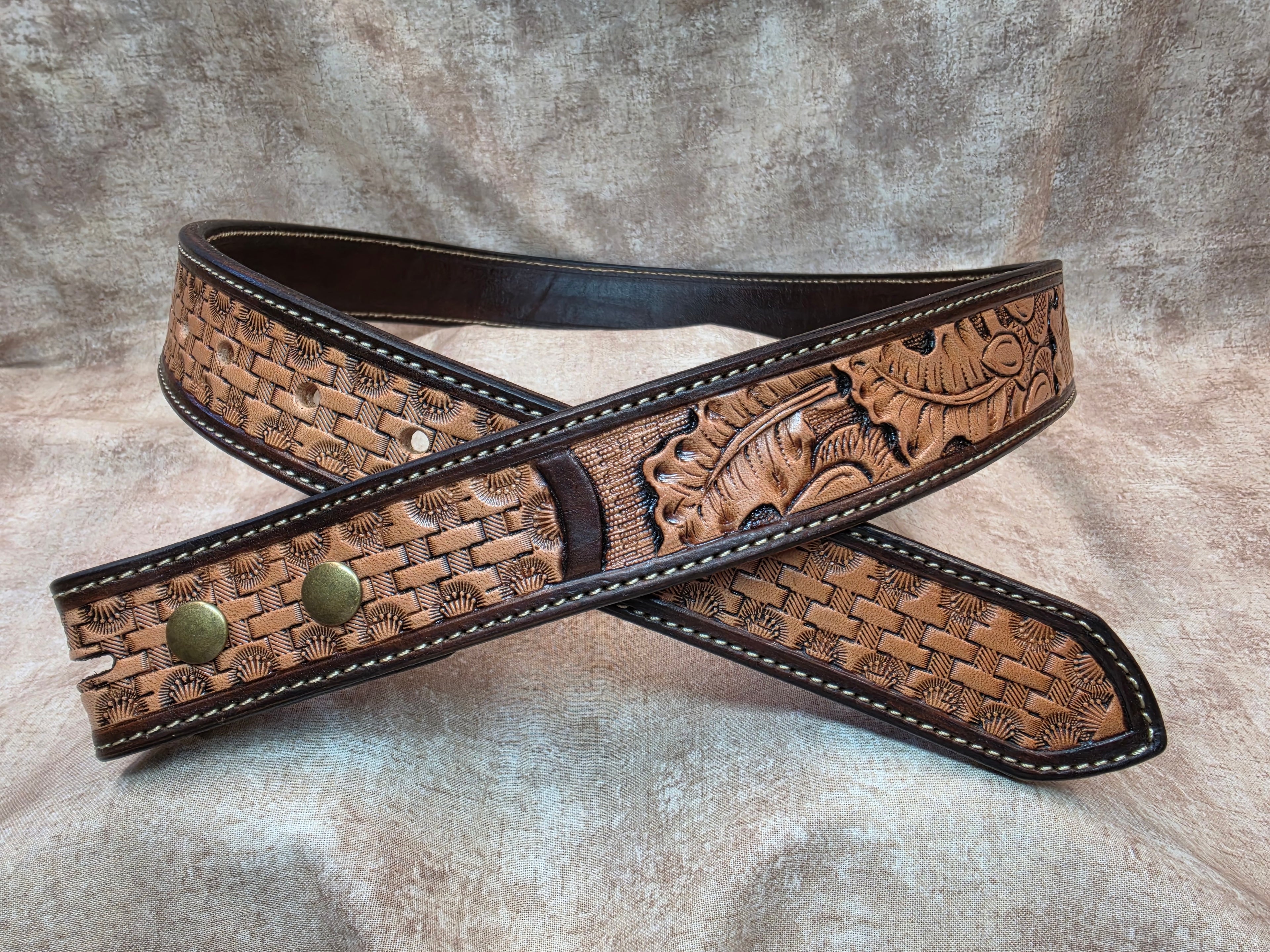 God Loves Cowboys belt.  Custom, hand tooled, Herman Oak leather, dark brown edges, natural color, western belt. Size 38".