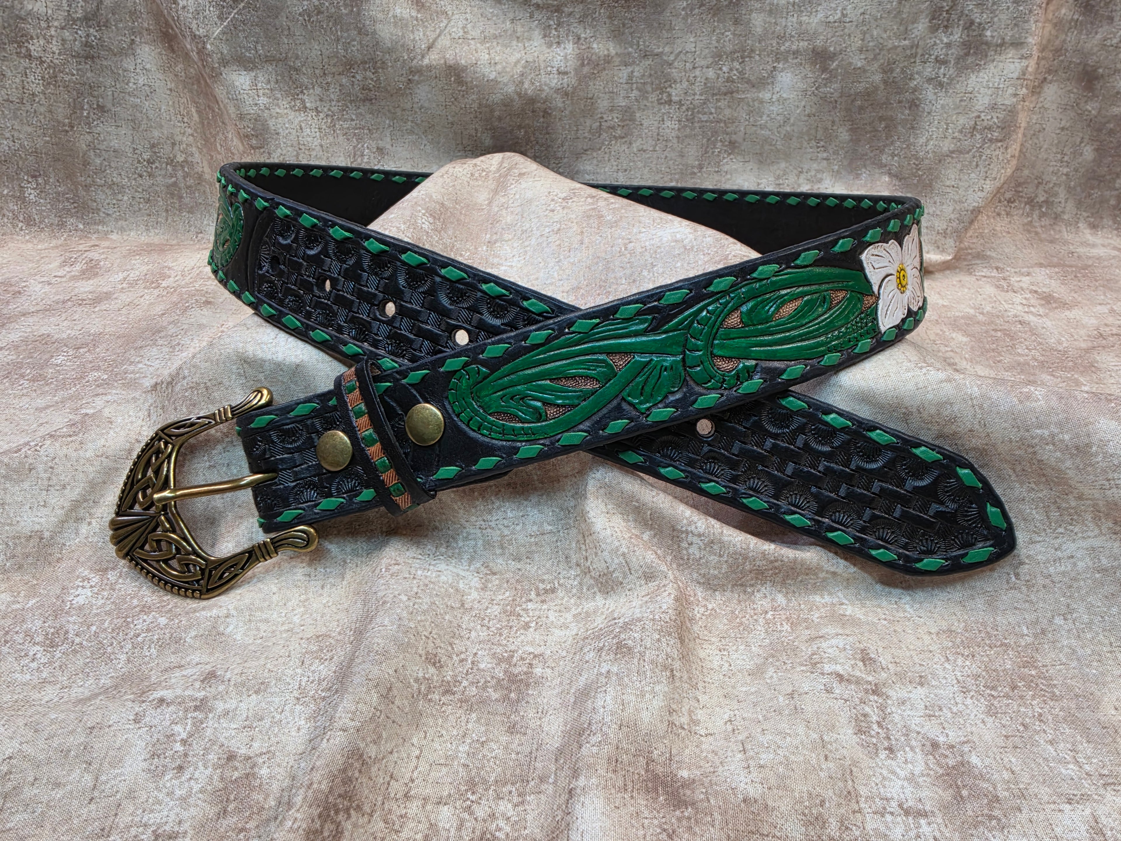 Celtic Inspired, Western Buck Stitched Belt, Size 36"