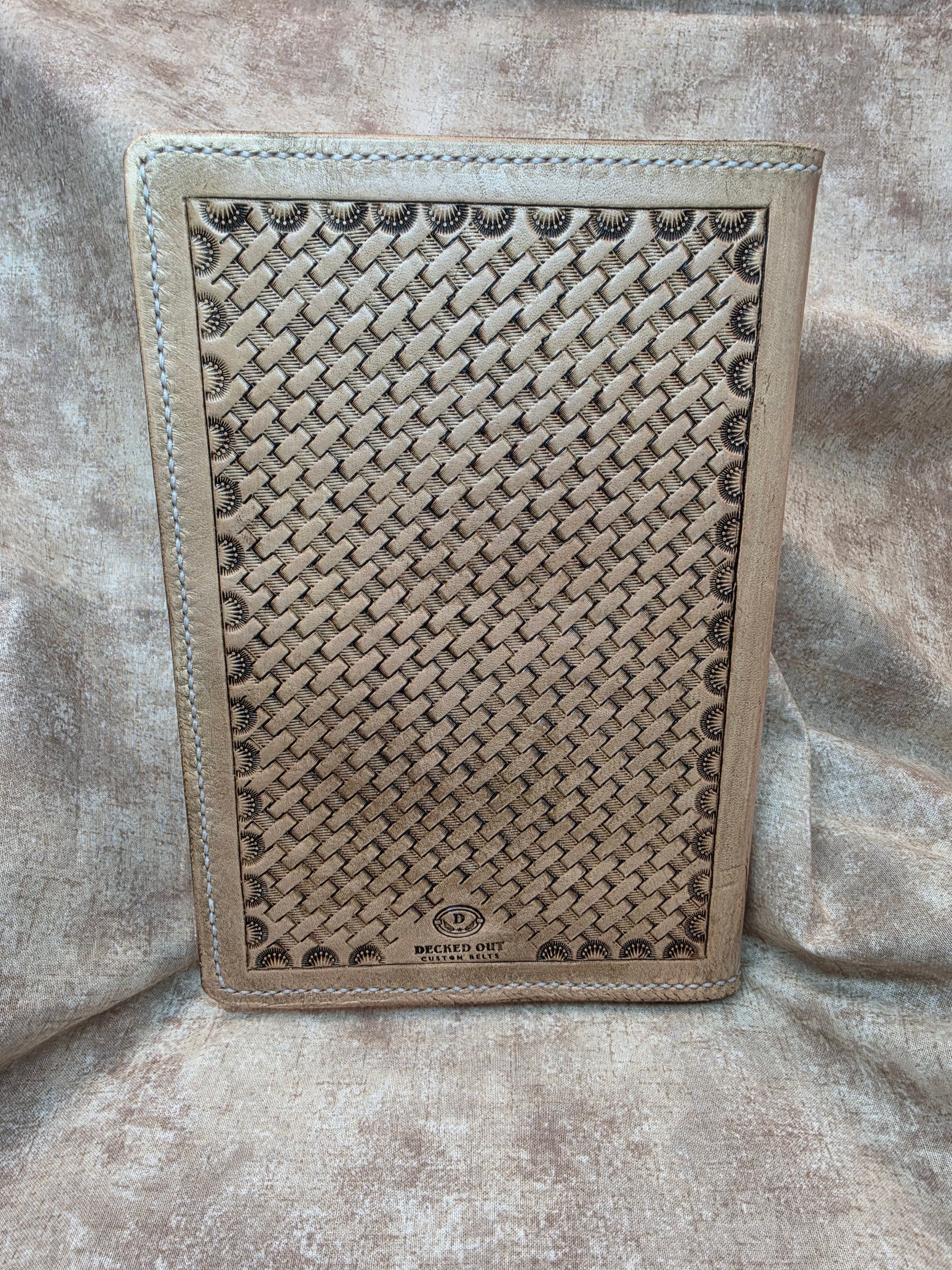 Folio, hand tooled and sewn, 9x6", two pocket, natural color