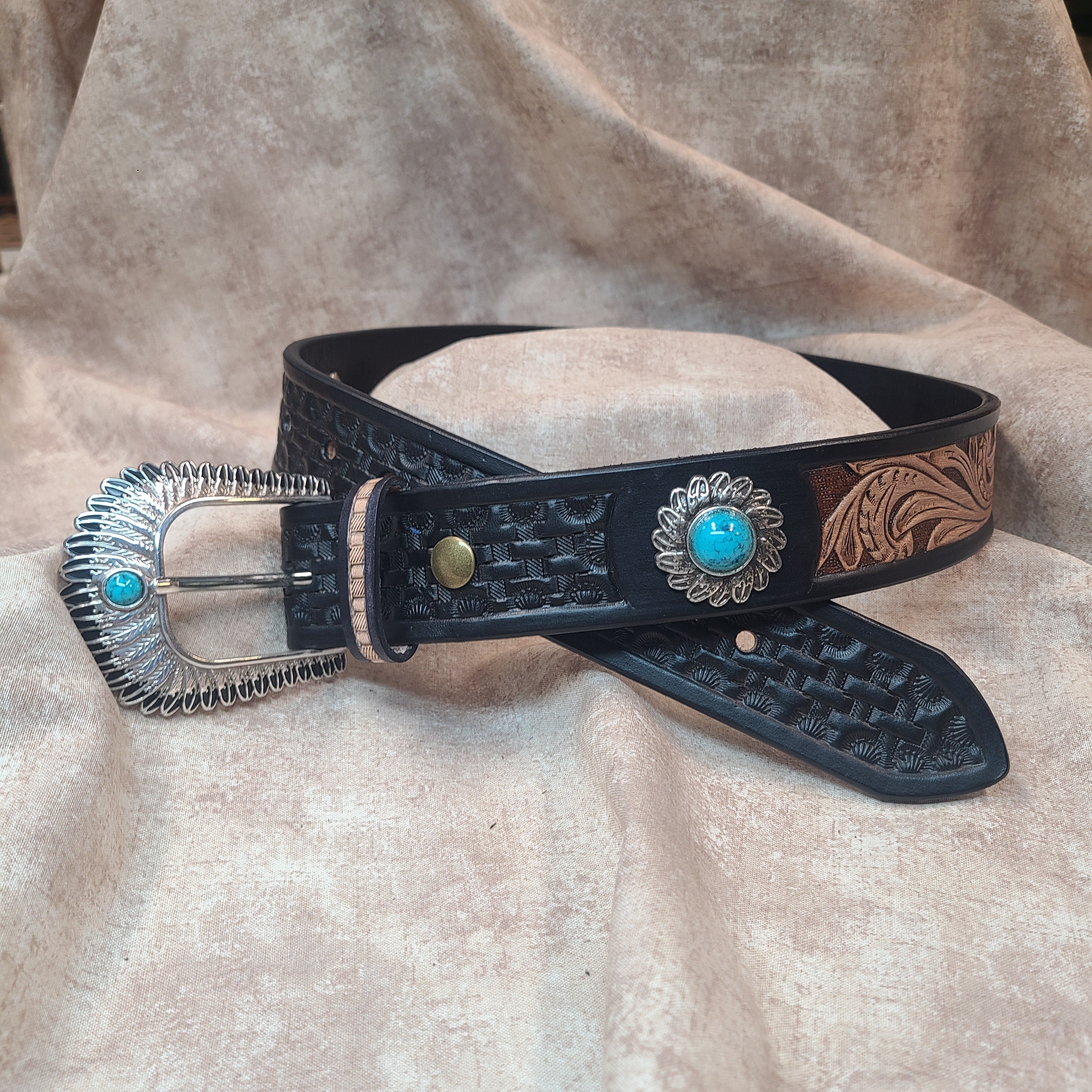 Complete Black Western Tooled Belt with Turquoise Conchos and Buckle, size 30".